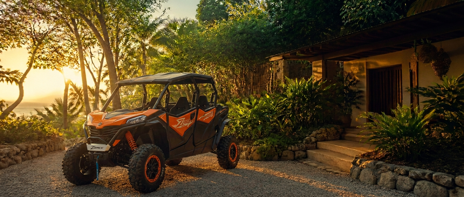 Handing over the side-by-side keys at a villa entrance