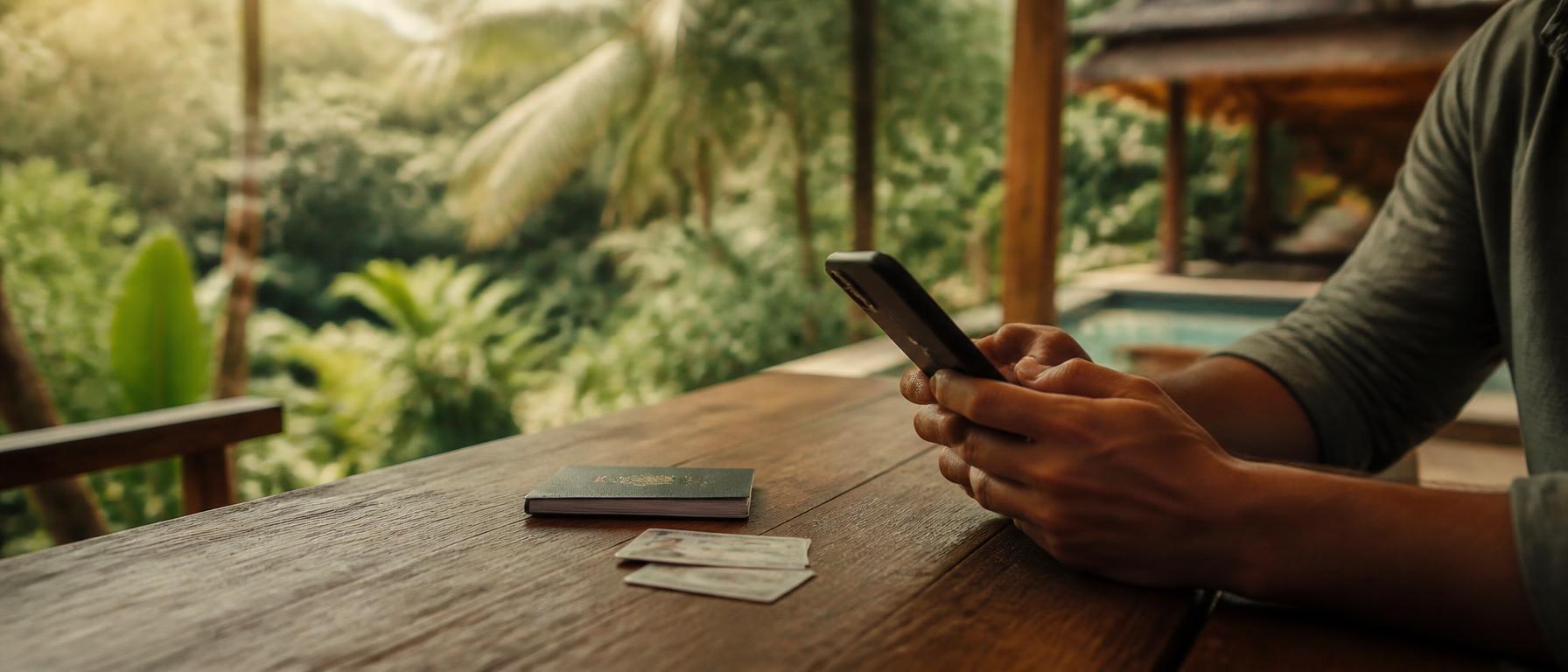 Passport and driver's license next to a phone on a wood table